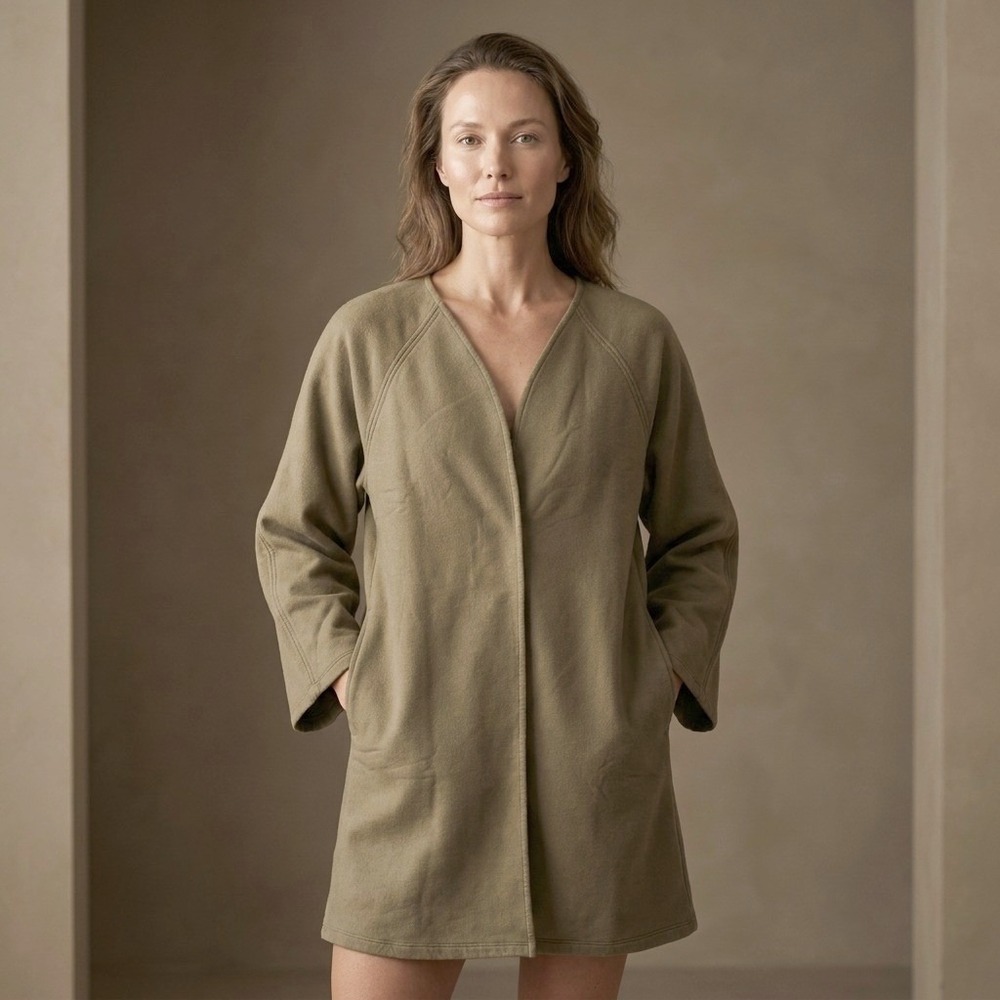 FILOSOFIA Women Open Front Cardigan L Olive Green Cotton Minimalist Lagenlook